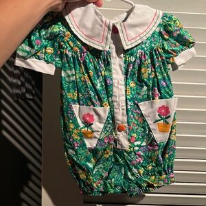 Green Floral Girls' One-Piece Romper with White Trim